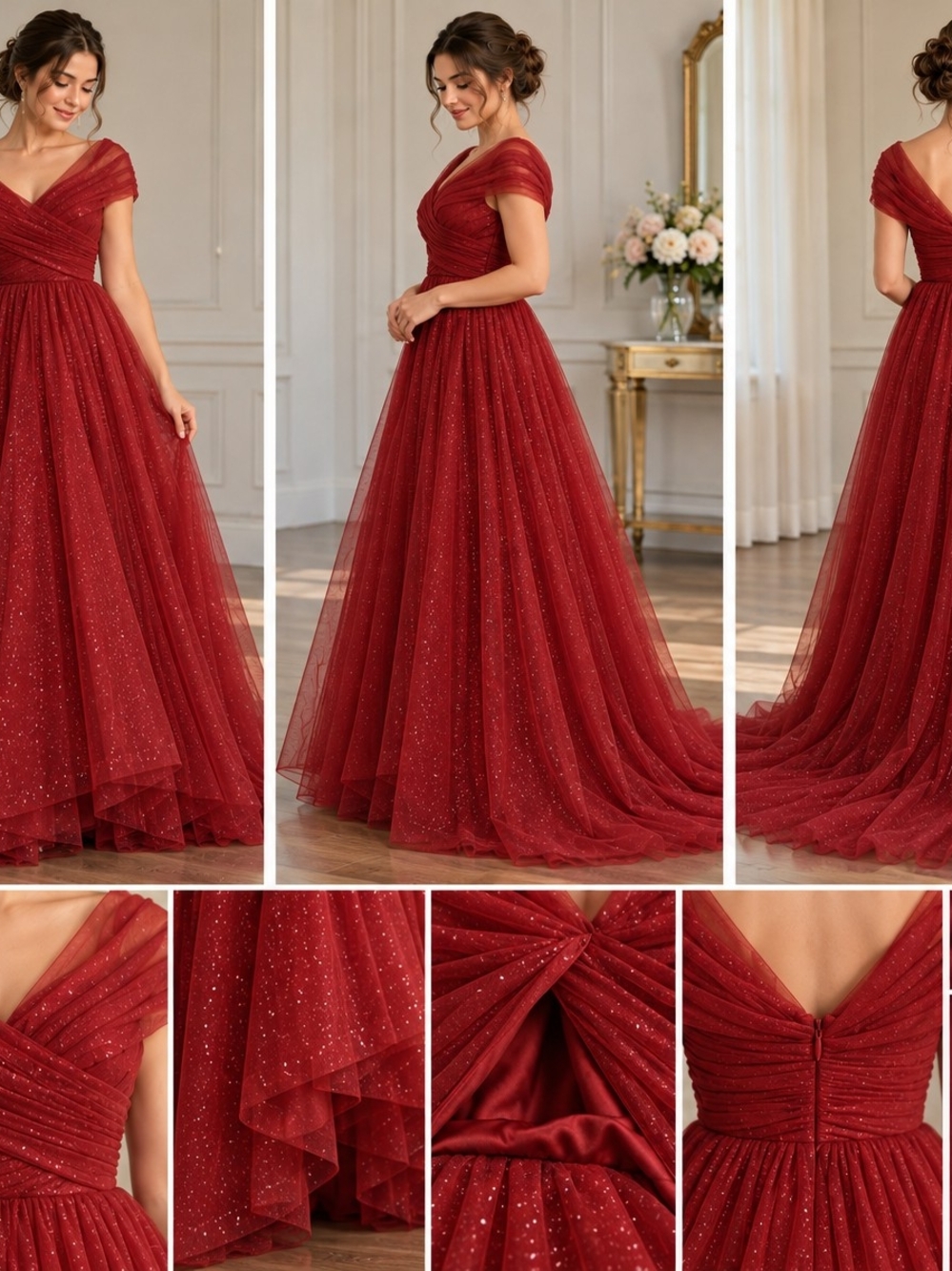 Elegant Red Sparkle Tulle Evening Gown